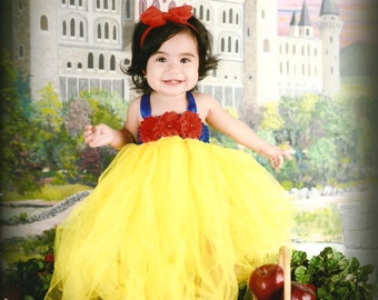 Beautiful Snow White Tutu Dress Costume with Red Hair Bow for Baby Girl 6-18 Months First Halloween
