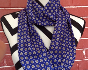 Infinity Scarf blue with gold wheels, silky scarf, loop scarf, eternity scarf, circle scarf