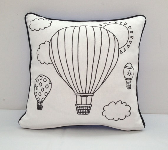 Colouring In Hot Air Balloon Cushion Cover | Kids Hand Drawn Black & White Cushion | Kids Decor | Kids Craft Activity | Gifts For Kids