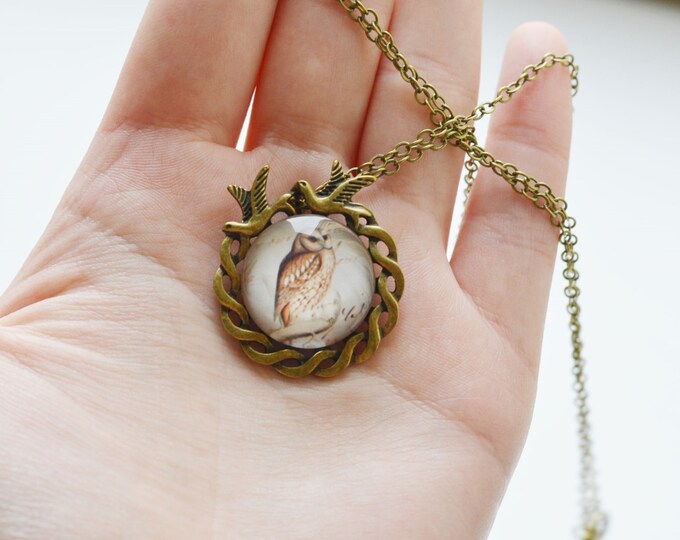 IN THE FOREST Round necklace of metal brass with depiction of owl under glass