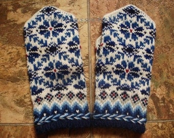 White Blue Wool Mittens White Blue Wool Gloves Hand Knitted Mittens Hand Knitted Wool Gloves Warm Mittens Winter Gloves Patterned Mittens