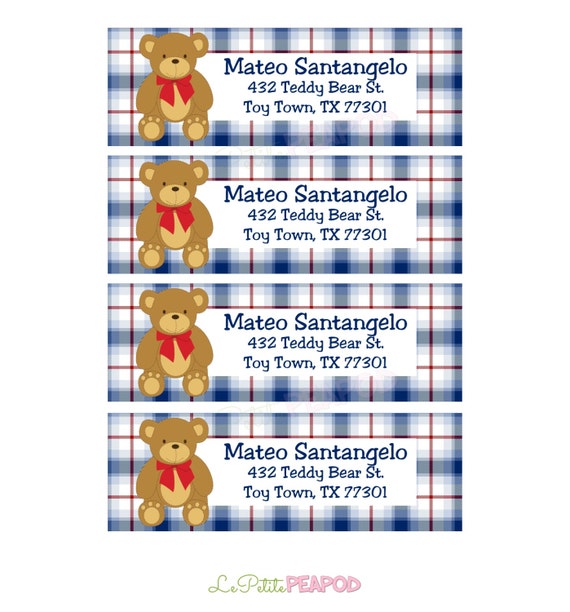 12 address labels blue and red plaid teddy bear label