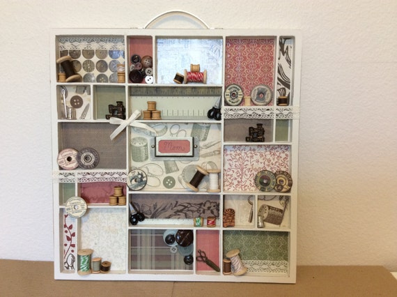 Items similar to All About Sewing trinket shadow box wall hanging with ...