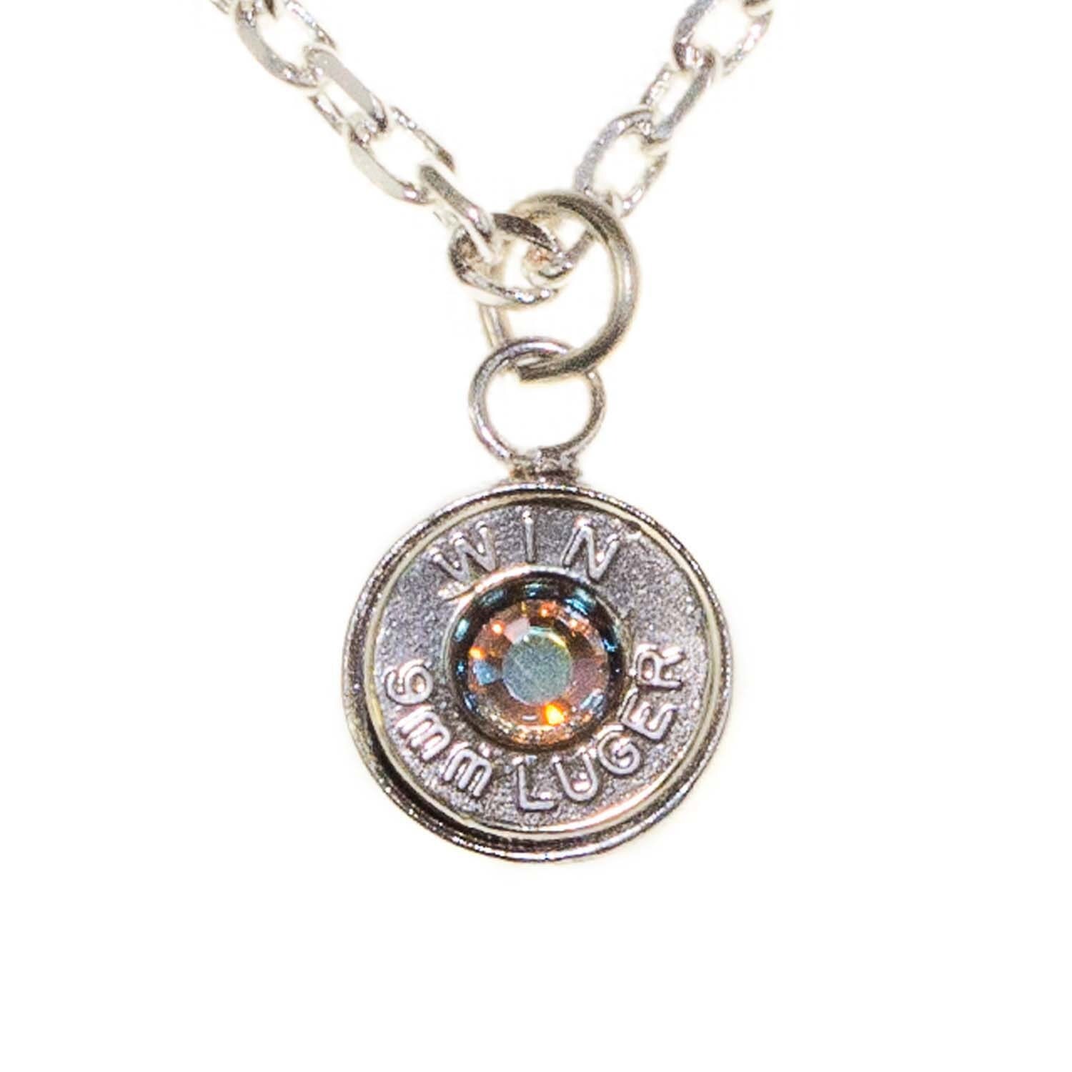 9MM Nickel Bullet Pendant Necklace with Clear by LuckyShotUSA