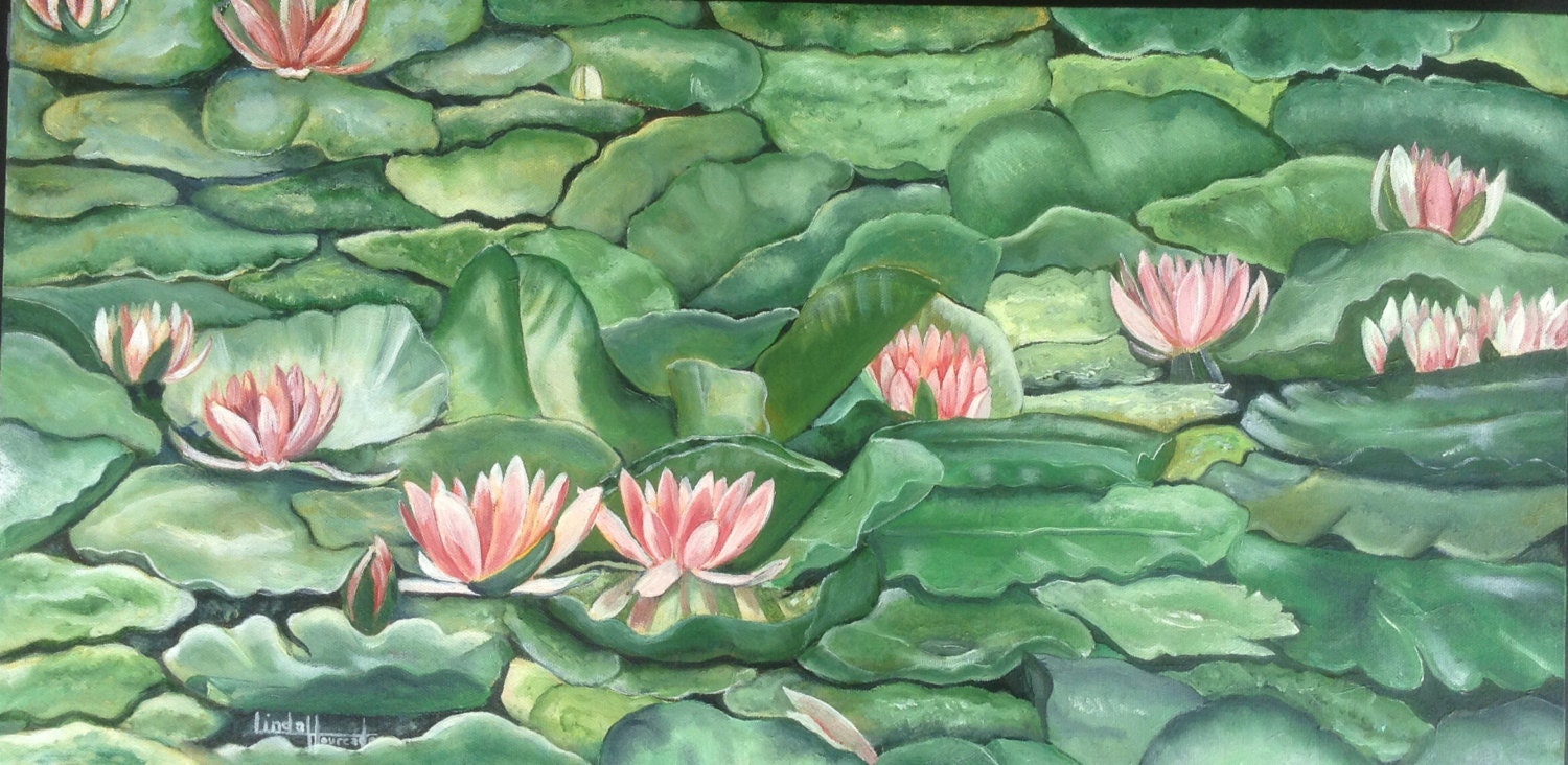 1' x 2' Oil painting of lily pads with pink flowers by