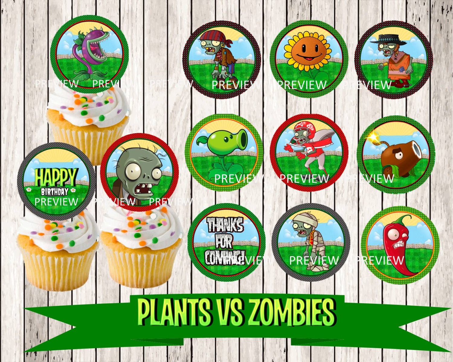PLANTS vs ZOMBIES Cupcake Toppers Favor Tags by MyDreamPartyShop