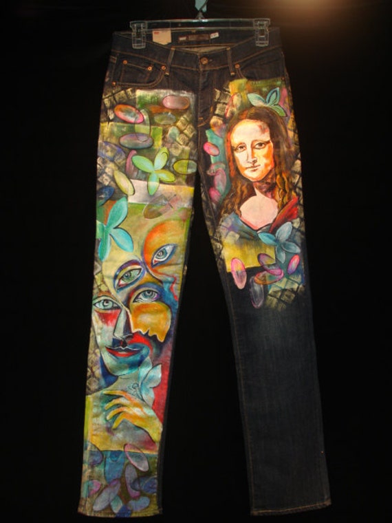 monalisa zoom MONALISA astratto PICASSO donna mano Wearable Jeans Art dipinto Denim