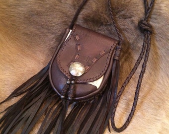 Deer Leather fringe pouch! brown white mix