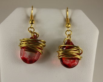 Red glass teardrop gold wire wrapped earrings,fishhooks, E226