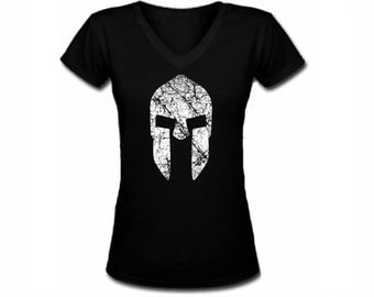Spartan helmet distreesded print black v neck customized women t shirt -fit the body