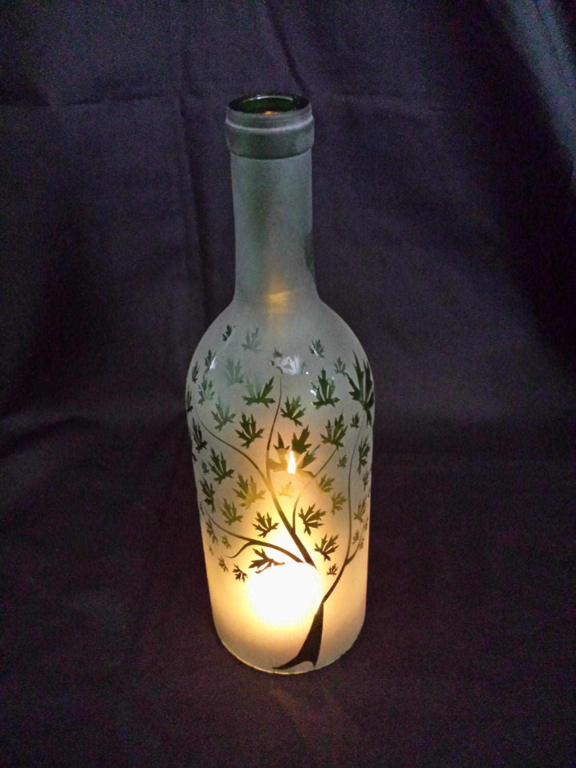 Download Recycled Wine Bottle Hurricane Candle Shade Etched with Tree