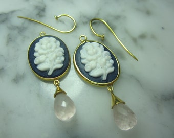Briolette Pendant Rosequartz Mix & Match Earrings faceted Cameo Gem gold earrings