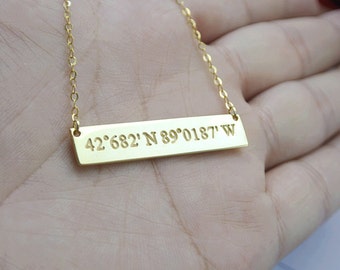 Silver Bar Necklace, Latitude longitude necklace, Coordinate Necklace, Personalized Bar,Custom Bar,Location Necklace,christmas gift N010