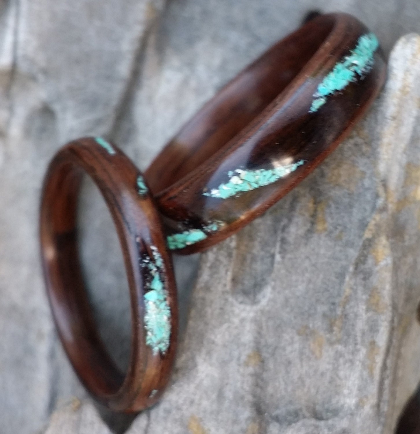 ebony bent wood ring with rustic turquoise inlay