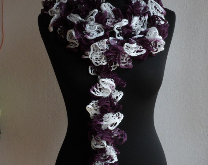 Ruffle scarf, Frilly scarf, Knitted scarf, Purple White scarf, Fashion scarf, Mother's Day gift, Spring Accesories, Women scaf, SALE!!!