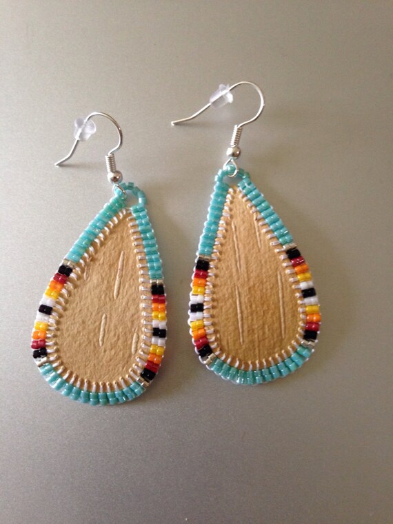 Beaded birch bark earrings 2 inch. turquoise. by BirchBarkBetty
