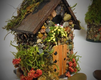 Mini STONE FAIRY HOUSES 3 Styles available with Stained Glass windows, Moss Roof Woodland Style