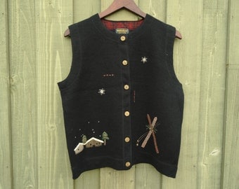 Ugly Christmas Vest Rudolph Deers Navy Blue Woman Waistcoat Wooden Button Gift for Grandmother Size Large