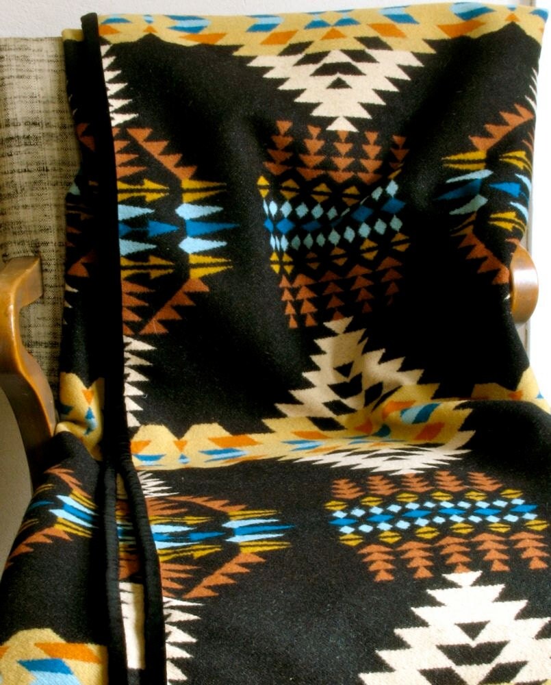 Wool Throw Blanket Large Size in Gold Black Turquoise Ranch