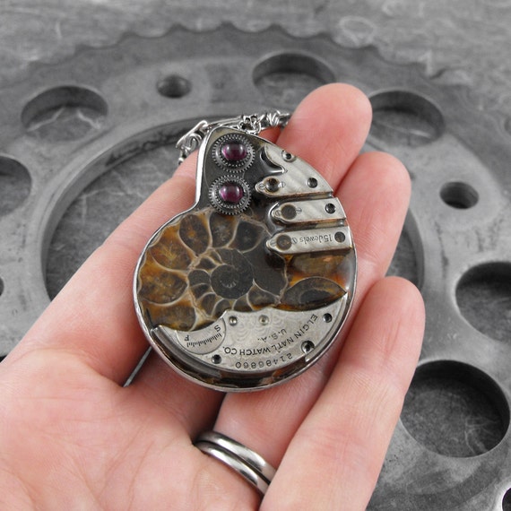 FEATURED in ACF MAGAZINE Deluxe Steampunk Ammonite Fossil Necklace - The Fossilized Spiral of Time by COGnitive Creations by COGnitiveCreations steampunk buy now online
