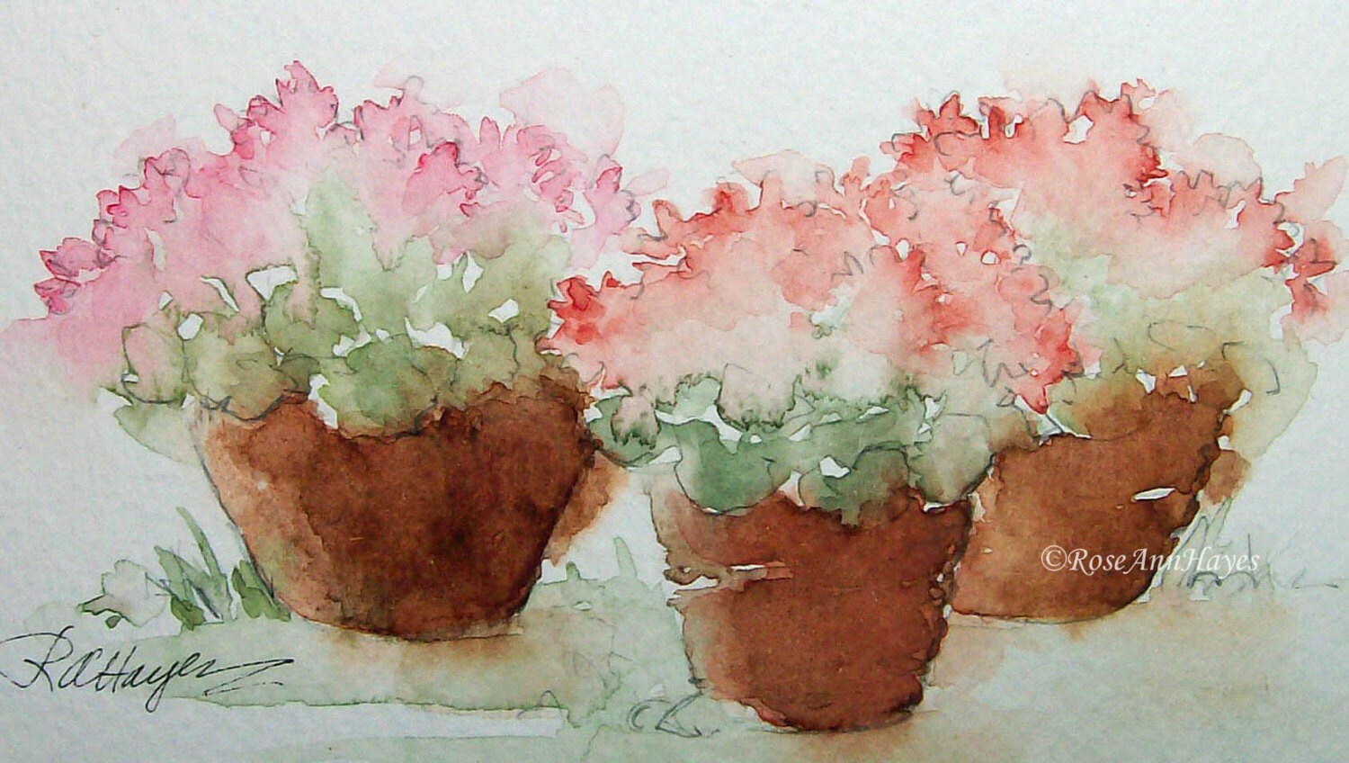 Original Watercolor Painting Flowers in Flower Pots Floral