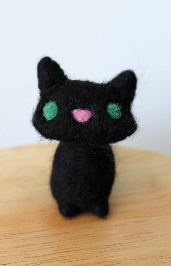 Needle Felted Black Cat Soft Sculpture Animal by kmwatkins on Etsy
