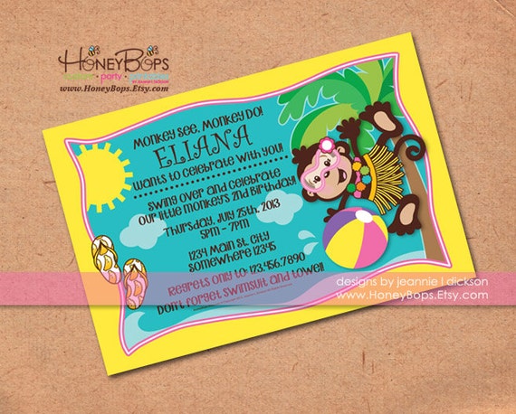 Beach Monkey Girl Summer Personalized Invitation - Digital File Il_570xn