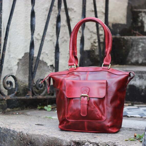 Leather Bucket Bag Purse in Vintage Red
