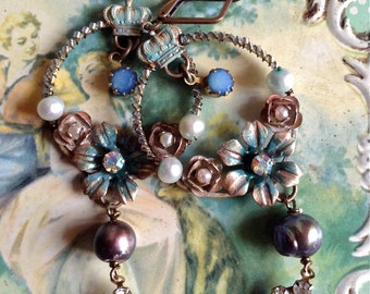 Lilygrace Princess Rose Hoop Earrings with Freshwater Pearls and Vintage Rhinestones