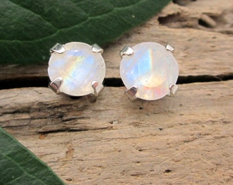 Rainbow Moonstone Earrings in Gold, Silver, Platinum with Genuine Gems, 6mm - Free Gift Wrapping