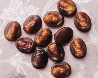 Vintage Glass Cameos 8x10 mm Relief Cabochons In Buffalo Horn Brown (6 pc)