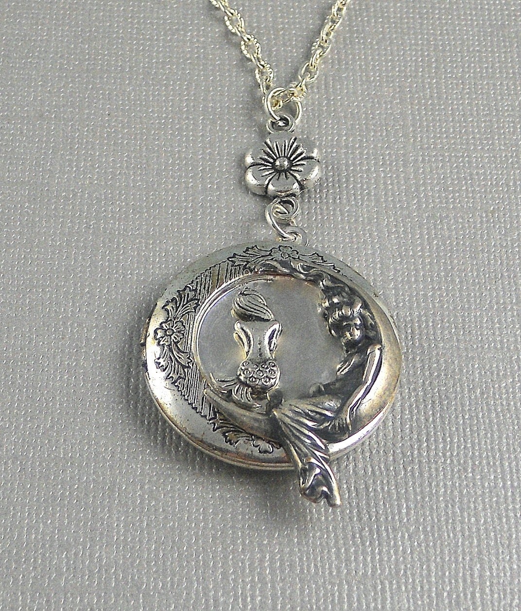 Triple Moon Spell Locket Necklace - Handmade Silver Locket With Tree Of Life & Crystal For Meditation