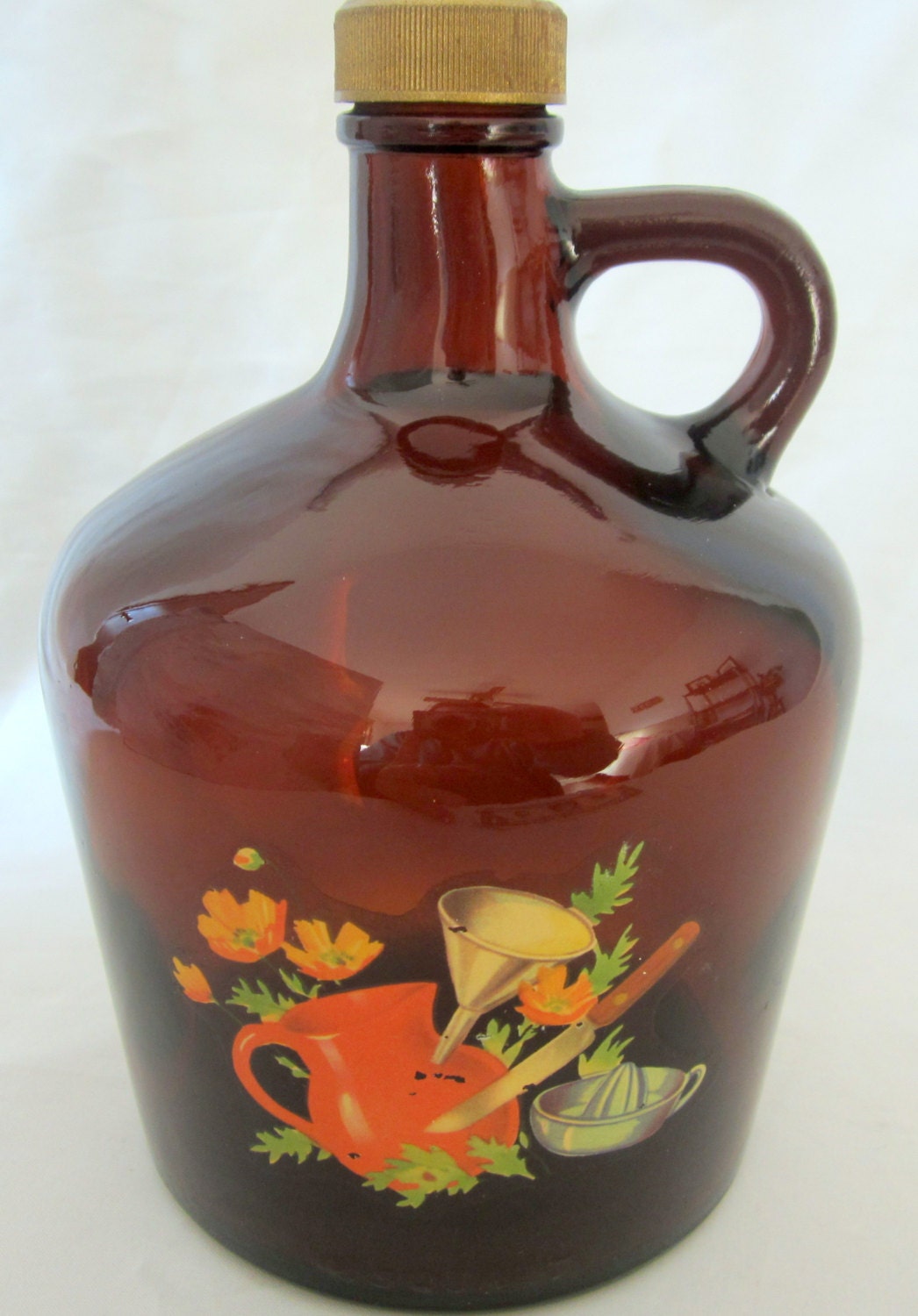Whiskey Bottle Jug / Vintage Brown Glass / Pitcher Floral