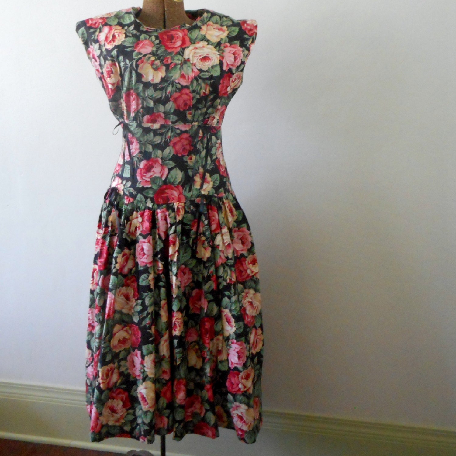 1980s Drop Waist Dress Floral Dress Full skirt Vintage Dress