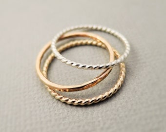 Rose Gold Ring, Gold Ring and Silver Ring 3 thin stackable rings summer jewelry