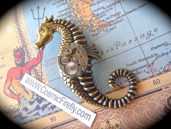 Seahorse Brooch Nautical Brooch Steampunk Pin Tiny Vintage Watch Movement Antiqued Brass Gold Gothic Victorian Brooch Inspired Art Jewelry by CosmicFirefly steampunk buy now online