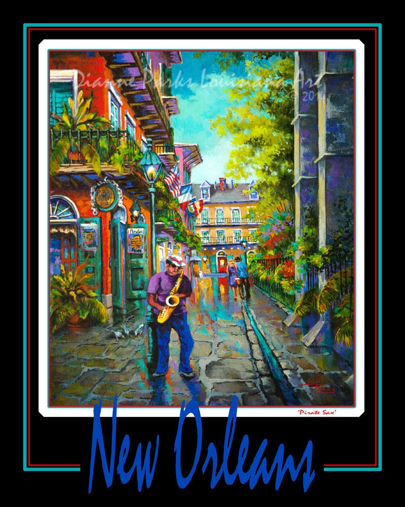 New Orleans Art Poster Pirates Alley French Quarter Sax