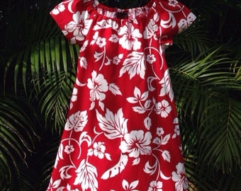 Girls  Hawaiian Dress Handmade Red White Hibiscus Muu Muu Dress