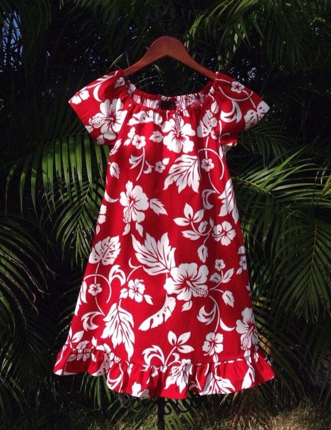 Girls Handmade Hawaiian Dress Red White Hibiscus Muu Muu