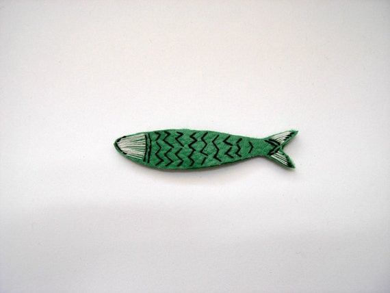 the emerald sardine brooch, green embroidered faux leather brooch, fish pin