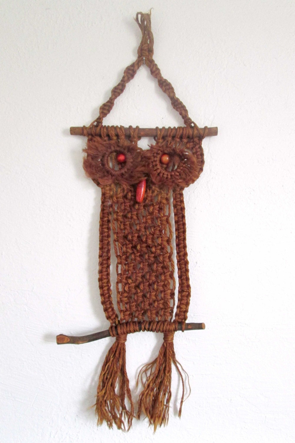 Vintage 1970's Macrame Owl Wall Hanging with Bead Eyes and