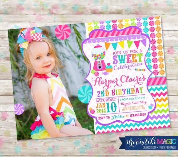Candyland, Sweet Celebration, Birthday Invitation with Photo, Candy Invite with Gumball Chevron Pink Printable DIY, Photo Card Il_570xn
