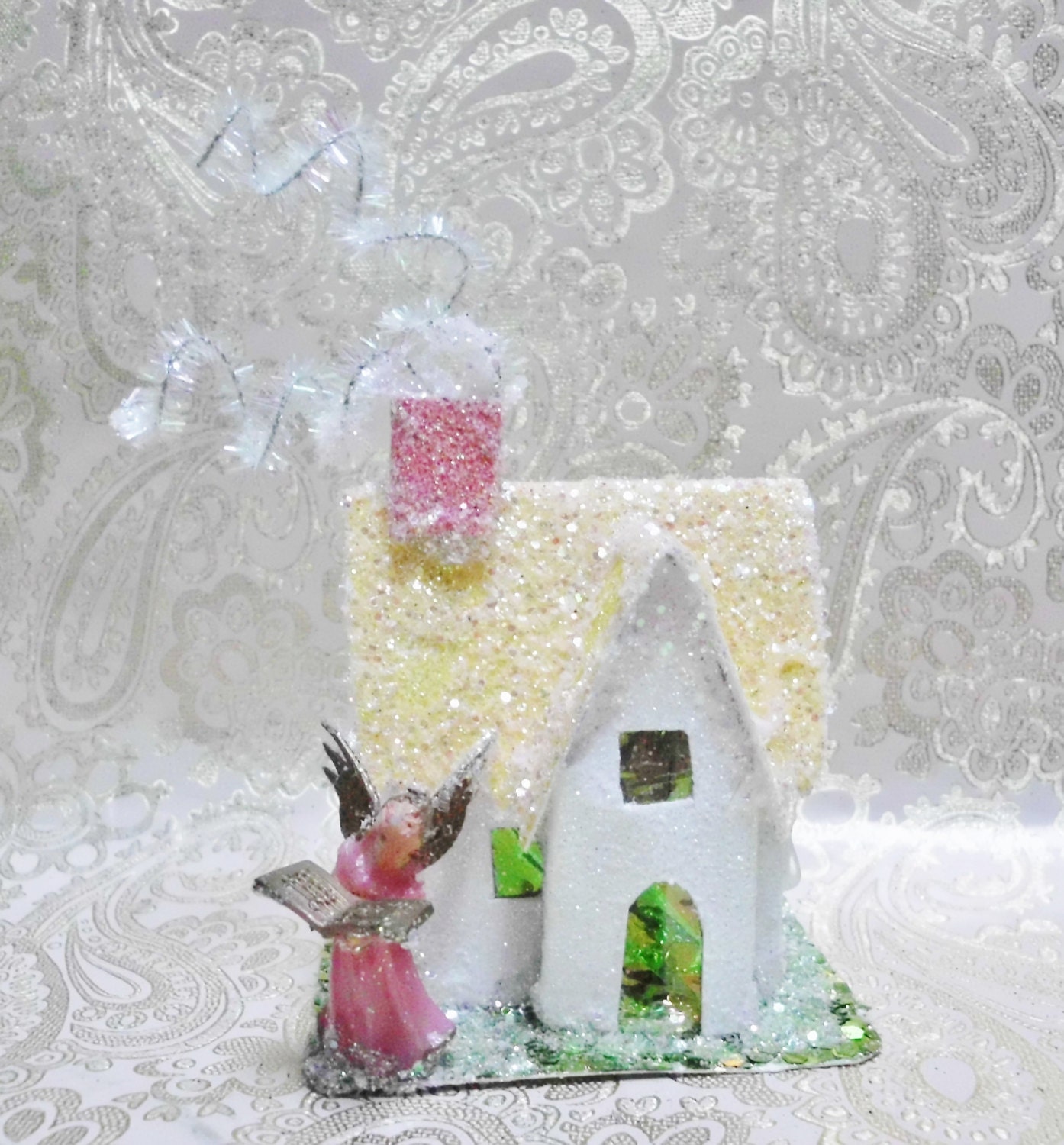 Christmas Putz House with Angel MANY LISTED Yellow and White Vintage Inspired NEW Handmade House Request Custom Village, Choose Colors!