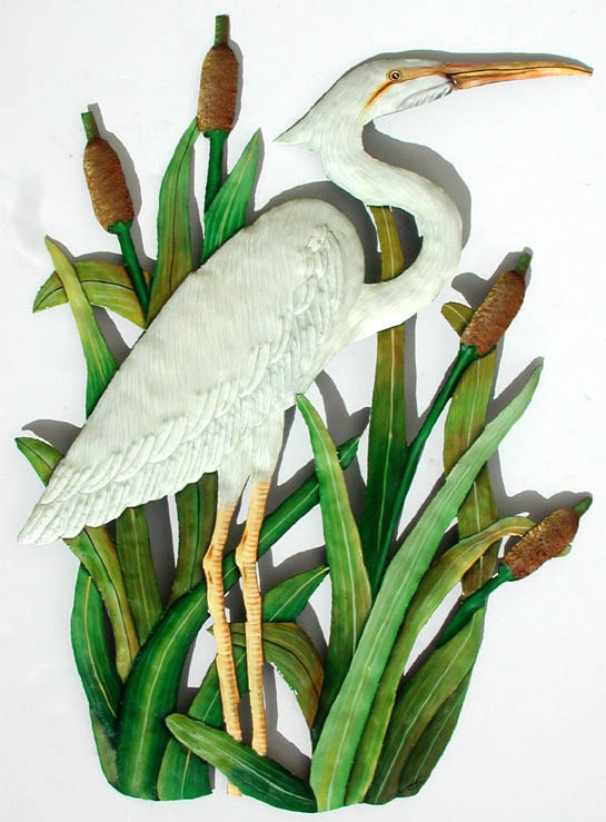 Metal Wall Art White Egret Hand Painted Metal Art Wall