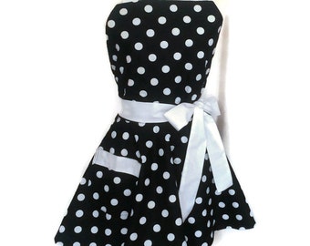 Flirty Apron, bridal shower pinup gift Classic Black White polka dot apron, White Ties, personalization available sexy, cute mother's day