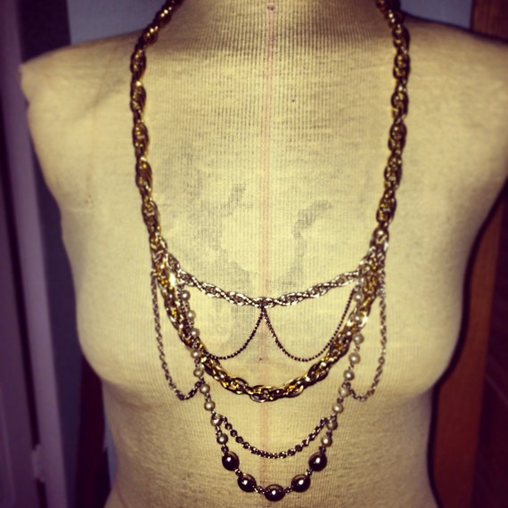 Items similar to Handmade Metal Layered Gatsby Pearl Necklace ...