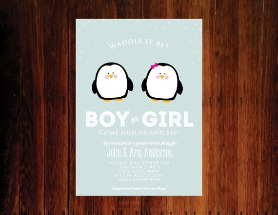 Gender Reveal Party, waddle it be invitation, penguin invitation, baby shower invitation - Penguins set of 15 Il_570xn