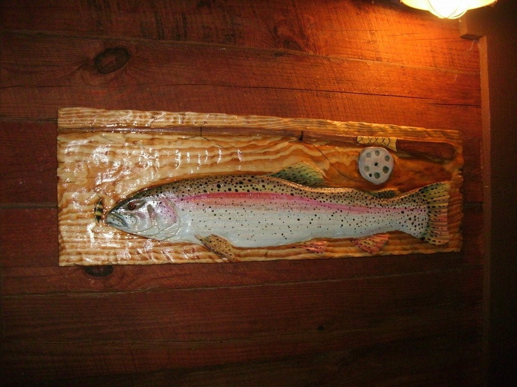 Rainbow Trout And Fly Rod 3ft Wooden Sign Fly Fishing Retreat in fishing lodge home decor for Present Home