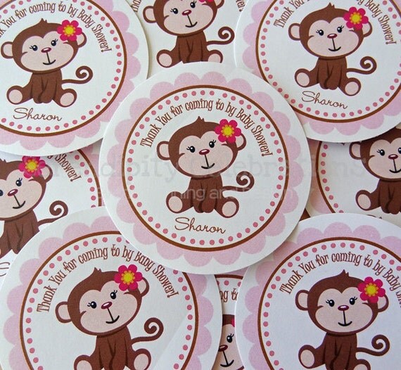 Set of 12 Personalized Favor Tags -Monkey -Thank You Tag -Gift Tag -Baby Shower -Birthday-Sticker-Pink -Blue Il_570xn