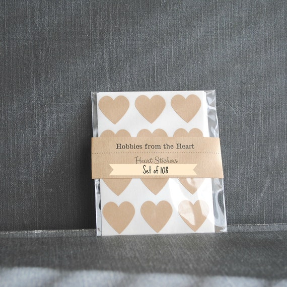 108 Mini Brown Kraft Heart Seals / Stickers